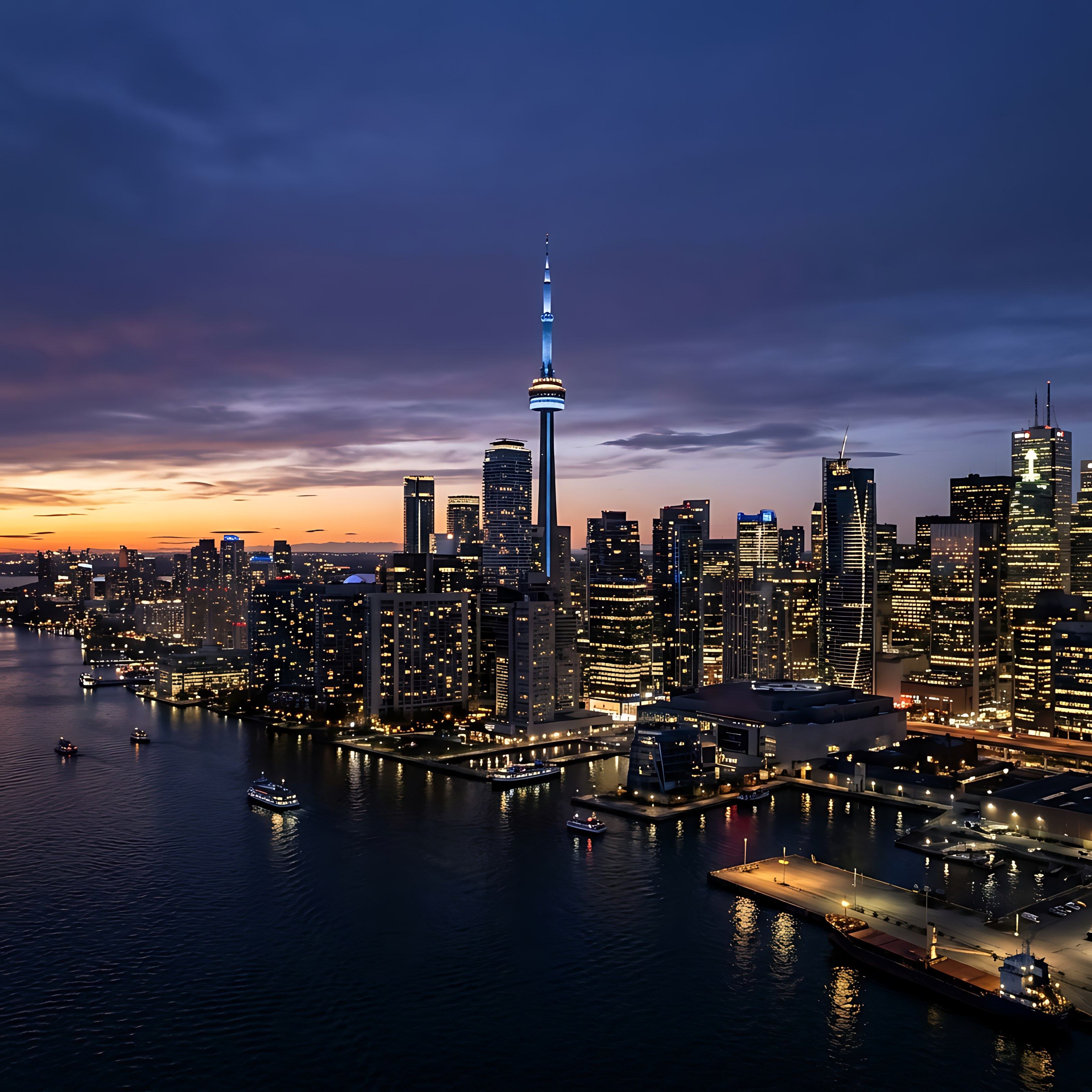 Toronto skyline at dusk seen from the harbour