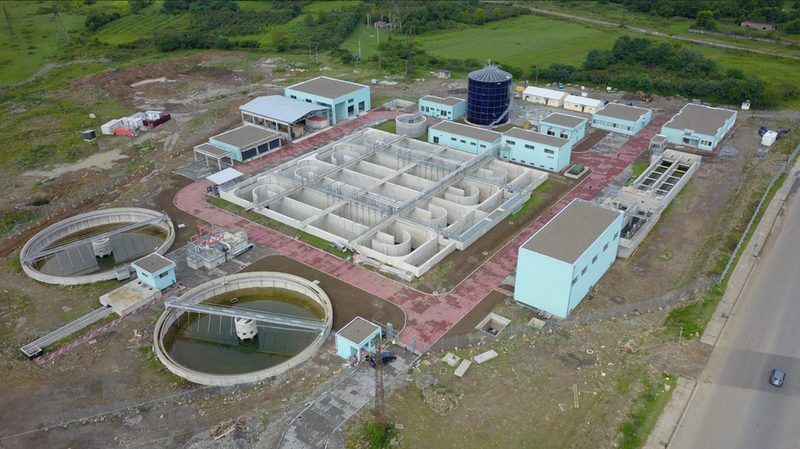Zugdidi & Poti Wastewater Treatment Plant, Georgia: aerial view of the clarifiers, treatment basins and plant buildings