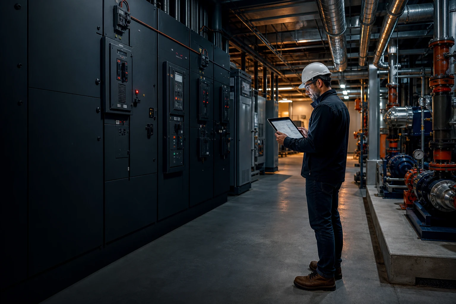 Professional engineer coordinating electrical switchgear and mechanical building systems in a modern facility