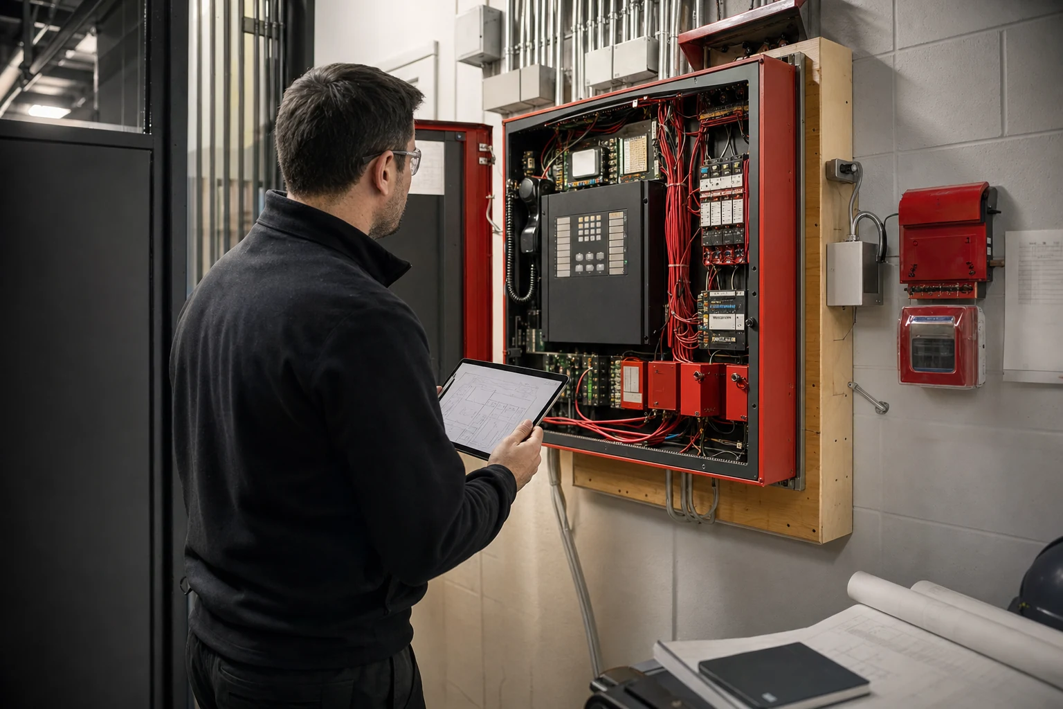 Engineer assessing an existing commercial fire alarm system before an Ontario retrofit