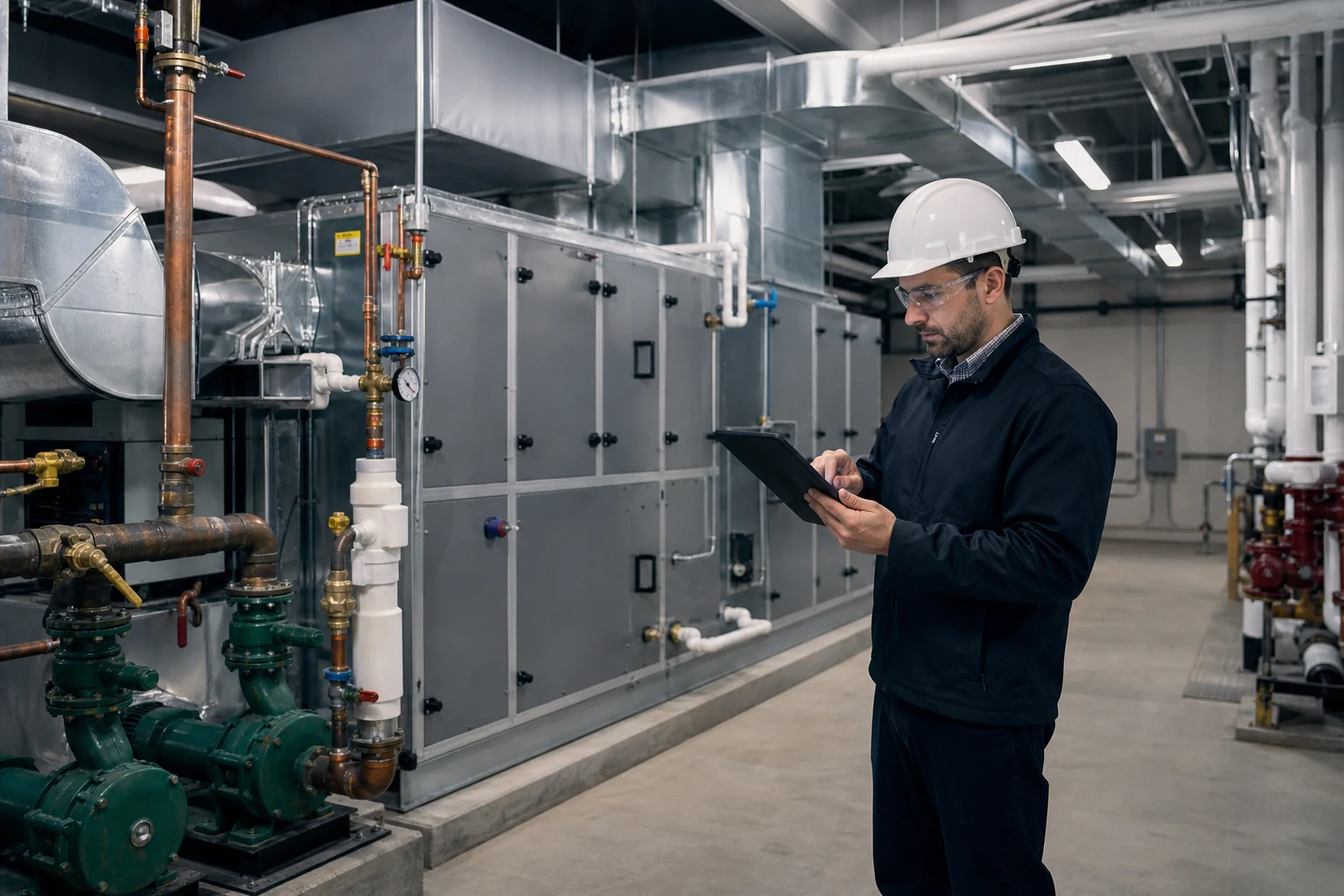 Engineer reviewing commercial HVAC load calculations in a North American mechanical room