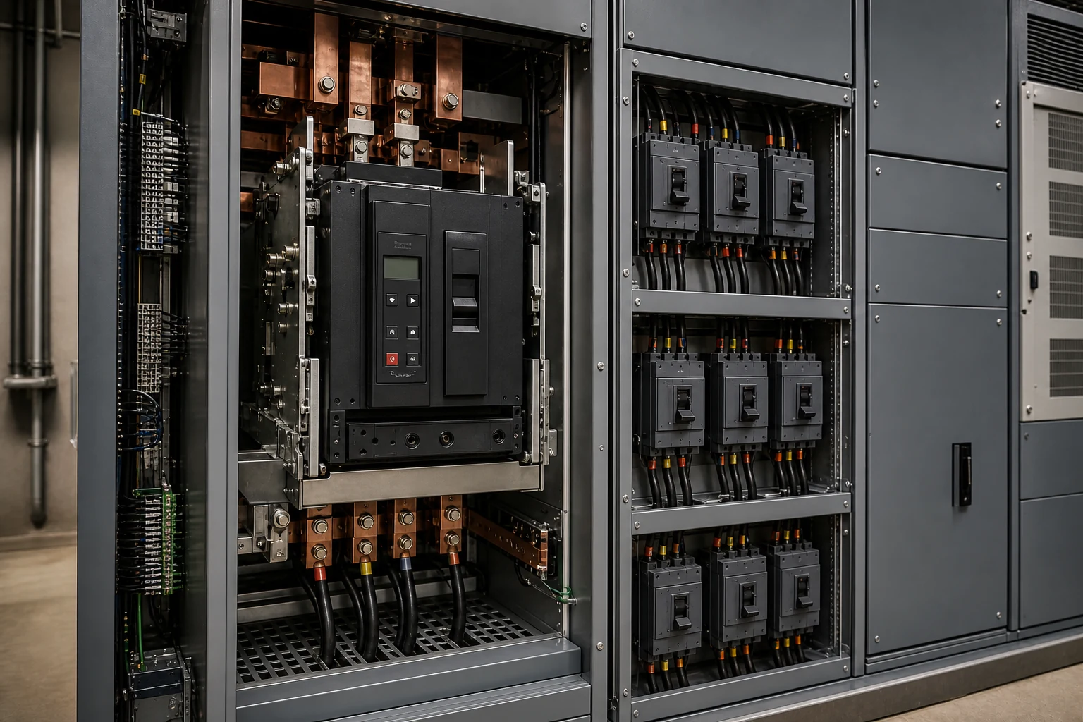North American low-voltage switchgear with an electronic-trip main breaker and downstream feeder breakers