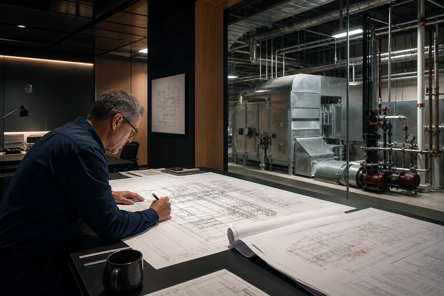 Mechanical engineer reviewing coordinated HVAC and plumbing permit drawings for an Ontario commercial building