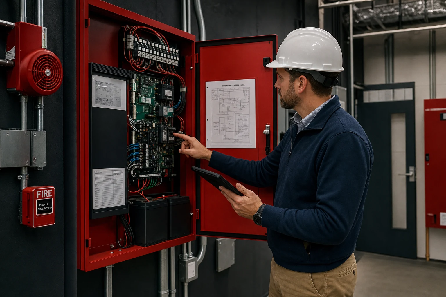 Engineer assessing an addressable fire alarm control panel in a commercial building