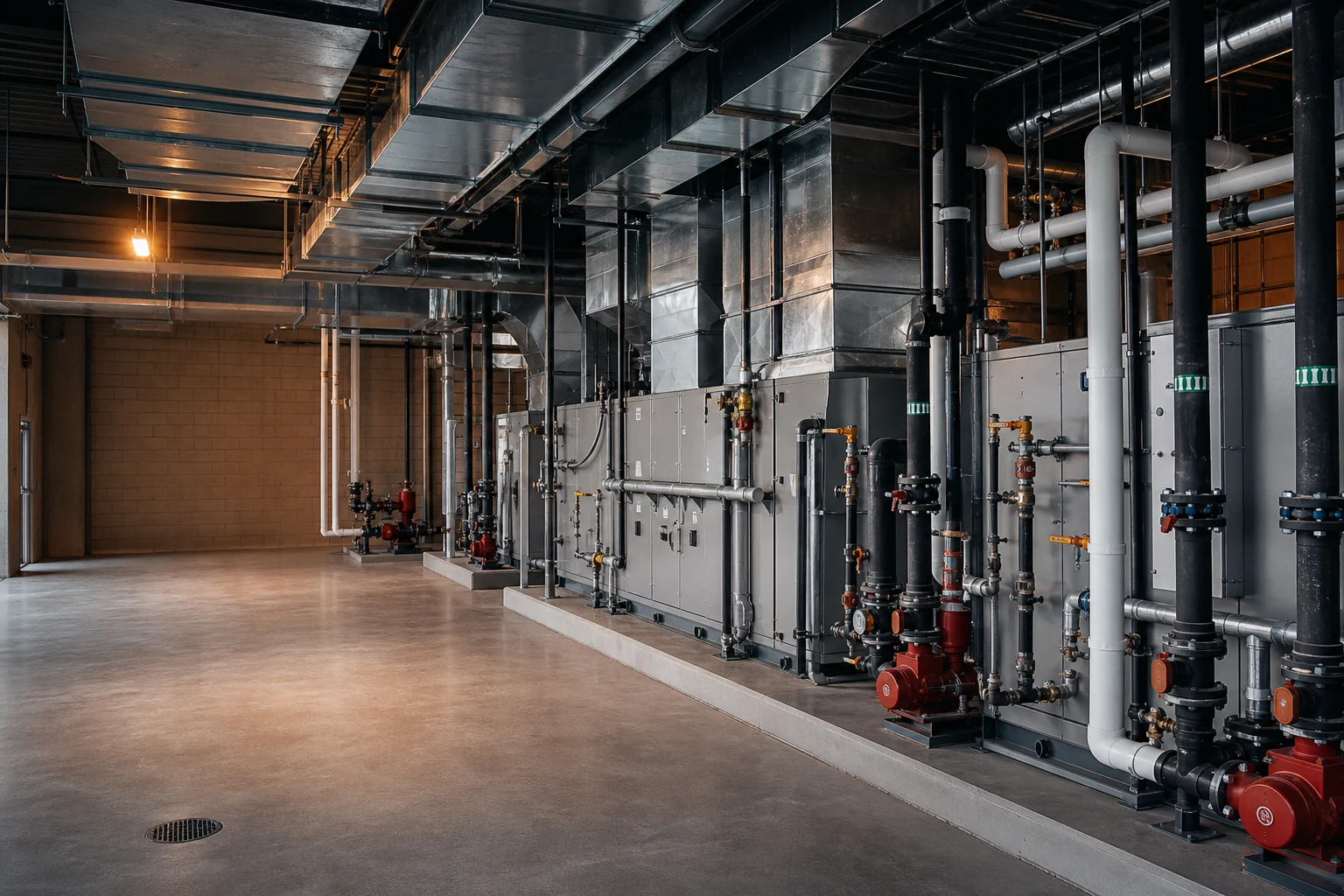 Modern commercial mechanical room with HVAC equipment, ductwork and hydronic piping